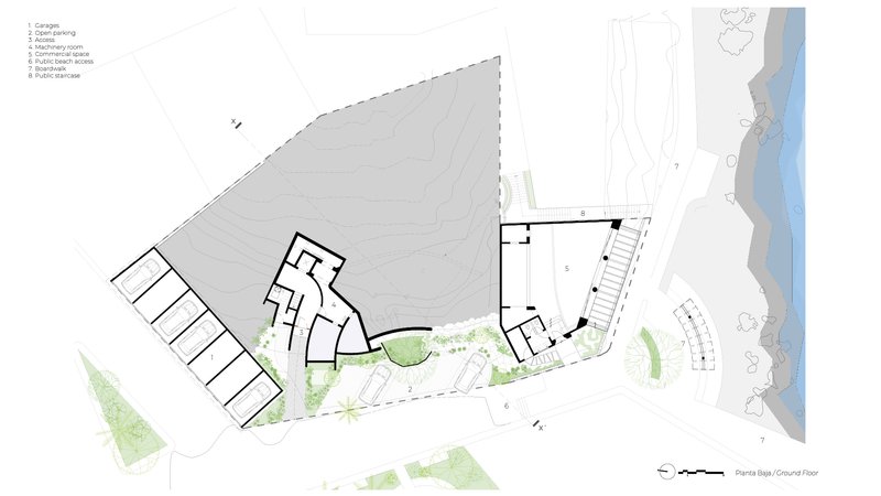 Ground floor plan drawing showing garage layout and curved tower footprint near the waterfront