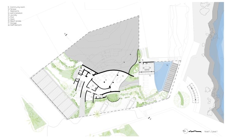 Upper floor plan drawing showing residential units arranged around a curved core with pool terrace