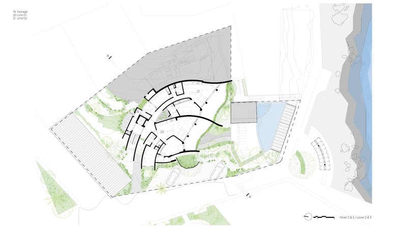 Site plan drawing showing a curving three-tiered structure with landscaped terraces and adjacent parking area
