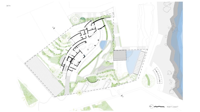 Site plan drawing showing the curved structure with central water feature and terraced landscape zones
