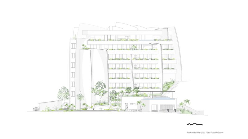 Elevation drawing showing the multi-level facade with planted balconies and trees at ground level