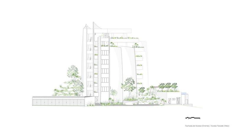 Elevation drawing showing a tower with planted terraces and surrounding trees on level ground
