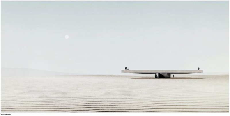 A minimal concrete platform emerges from the desert, framing time, stillness, and climate change.