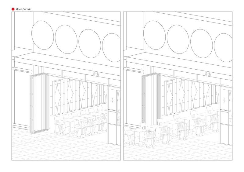 Interior elevation drawing showing back facade with oval windows and patterned panels above seating