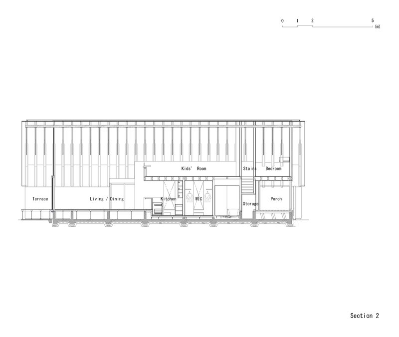 Section drawing showing the vertical timber cladding across the living and bedroom volumes with terrace