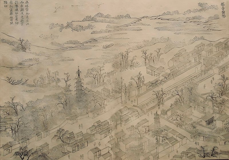 Ink drawing depicting a hillside temple complex with pagoda tower among bare trees and scattered buildings