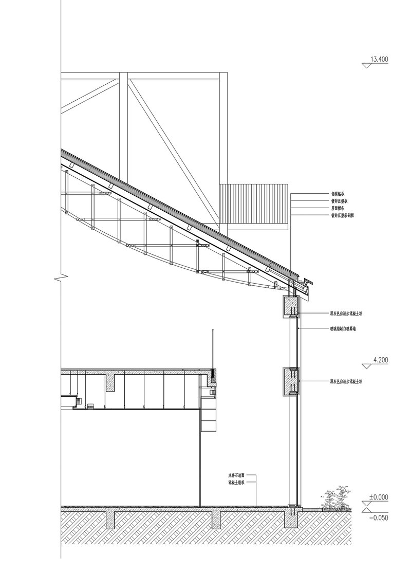 Section drawing depicting an inclined steel truss supported on vertical columns above ground level