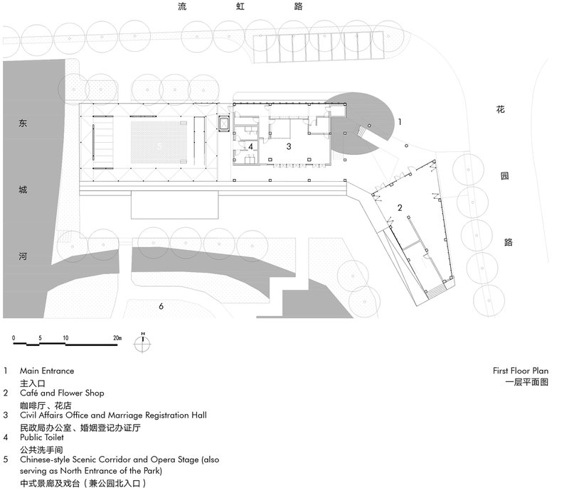 First floor plan drawing showing rectangular volumes and an angled wing adjacent to a river and street