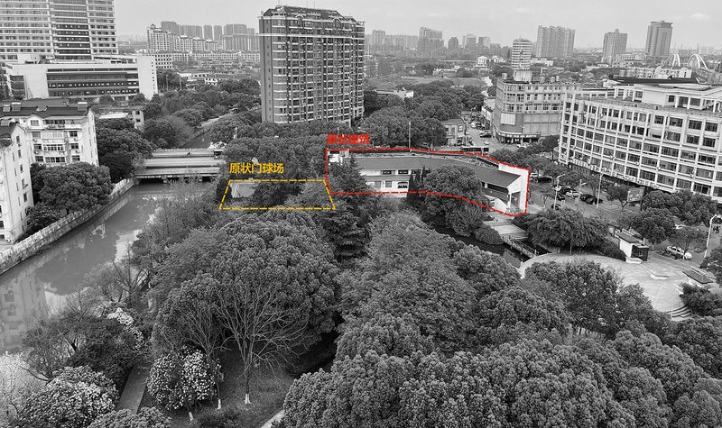 Aerial view of the tree-filled site with color-coded annotations marking existing structures amid surrounding buildings