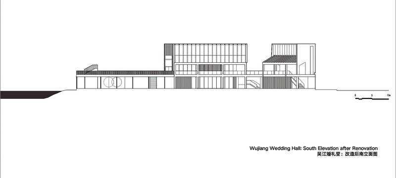 South elevation drawing showing terraced volumes with vertical screening elements and glazed openings