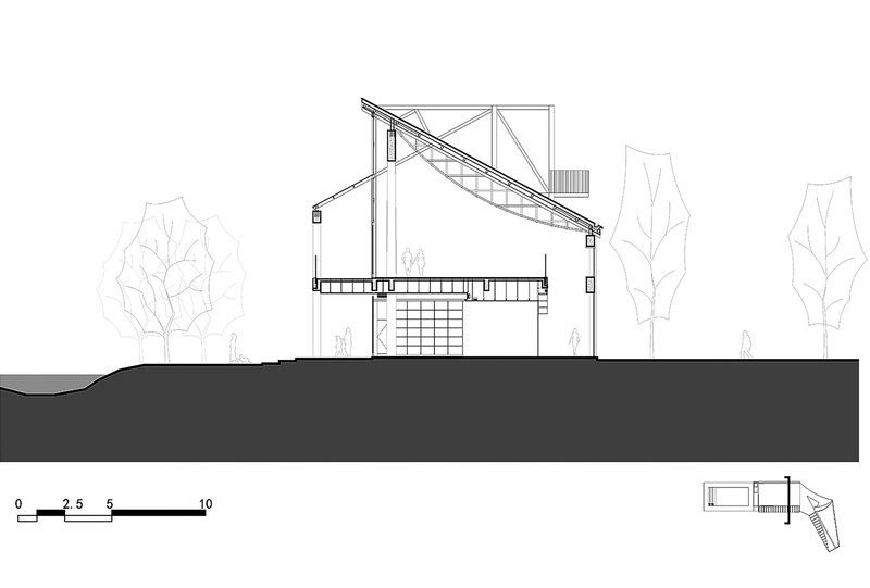 Section drawing showing sloped steel truss structure over interior space with trees flanking the building