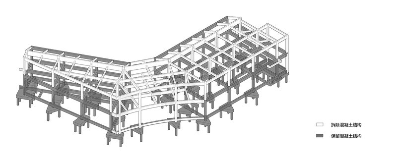 Axonometric drawing showing the timber frame structure with exposed columns, beams and roof trusses