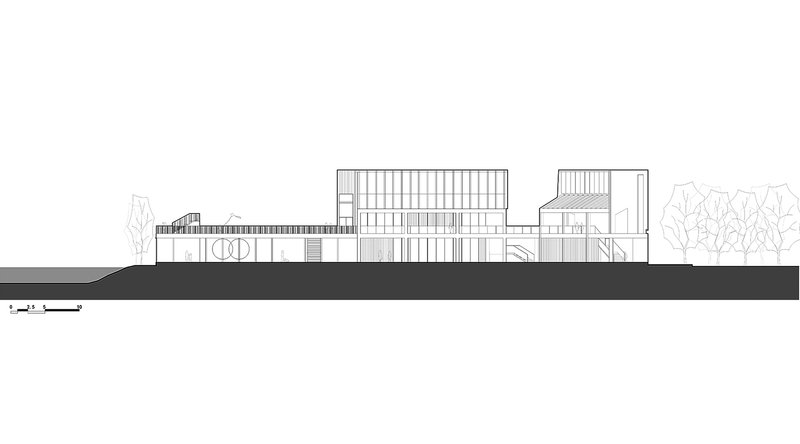 Elevation drawing depicting the horizontal composition of vertical slat volumes with outlined trees at the edge