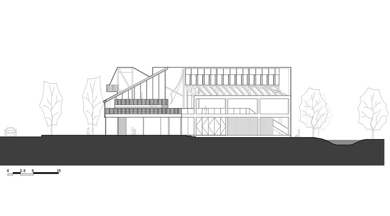 Section drawing showing the angular roof planes over slatted enclosures framed by schematic trees on grade
