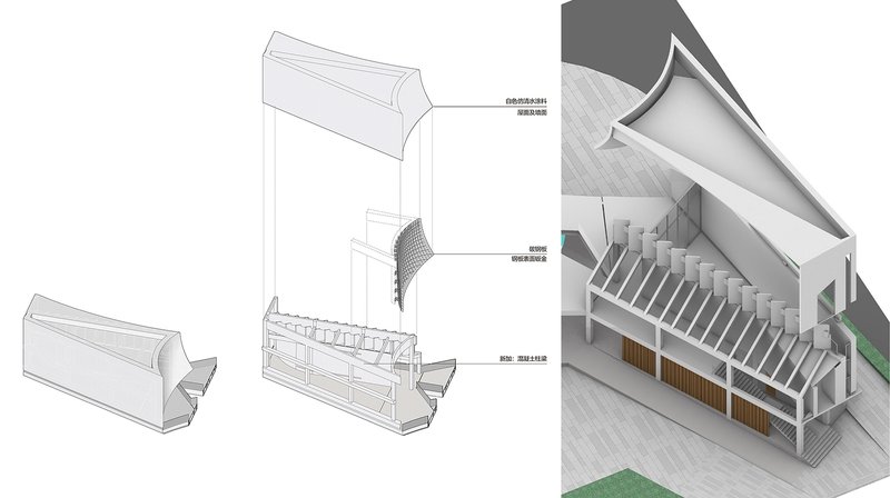 Axonometric drawings showing gabled roof structures and cutaway view of interior staircase and timber partitions