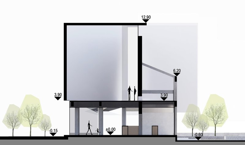 Section drawing showing double-height volume and raised floor with pilotis beneath adjacent trees