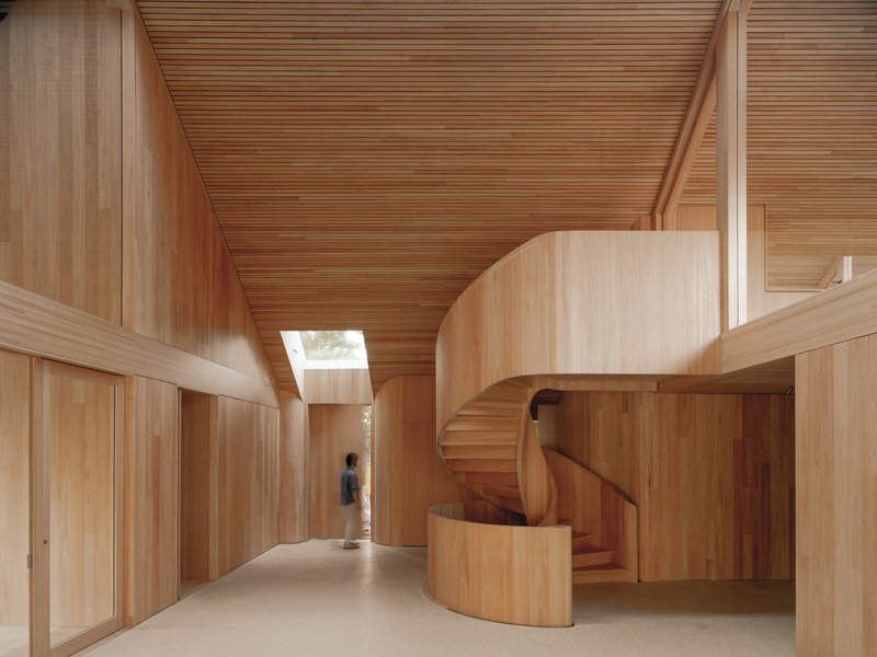 Timber-lined entrance hall with skylight and curved wooden staircase wrapping around a cylindrical volume