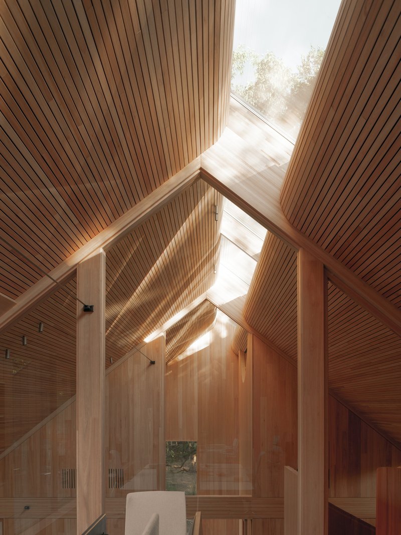Upward view of the vaulted timber ceiling with clerestory windows bringing in afternoon light