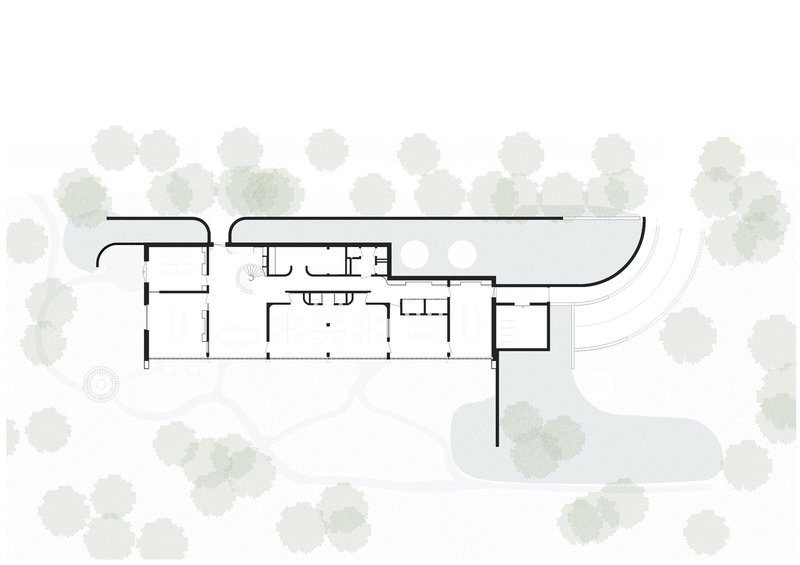 Floor plan drawing showing a linear volume with curved ends surrounded by tree canopies