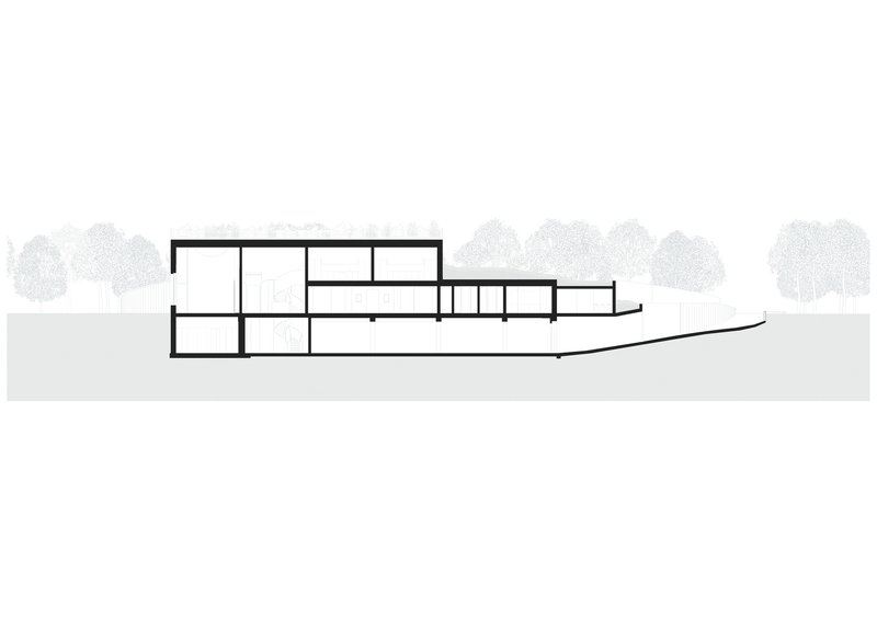 Section drawing showing a stepped linear building following a sloping site with trees