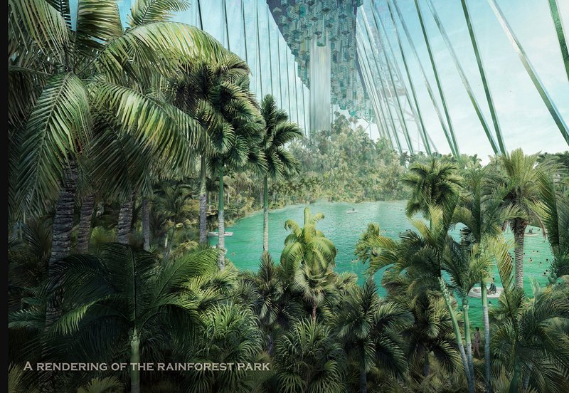 An integrated tropical ecosystem creates a self-sustaining environment within the vertical city.