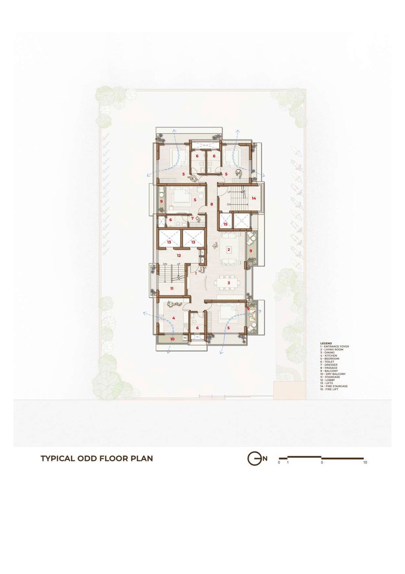 Typical upper floor plan drawing showing residential unit layout with multiple bedrooms and bathrooms