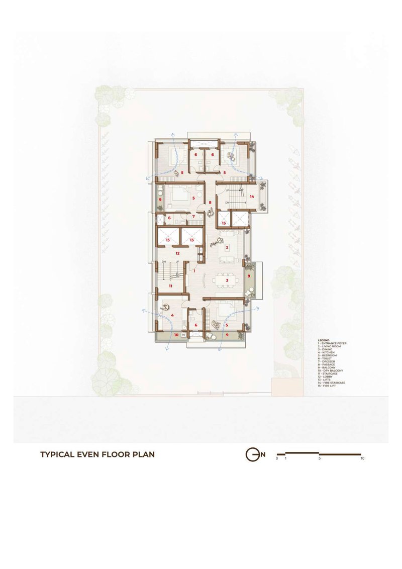 Floor plan drawing showing multiple residential units arranged around a central circulation core with balconies