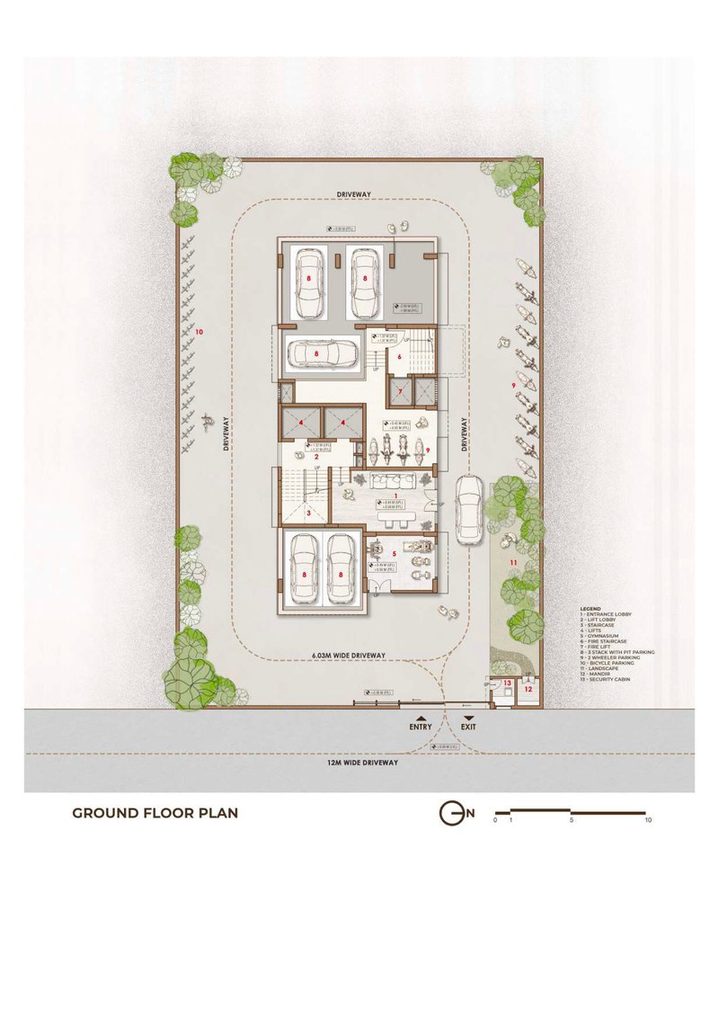 Ground floor plan drawing showing parking, landscaping, and room layouts with watercolor rendering