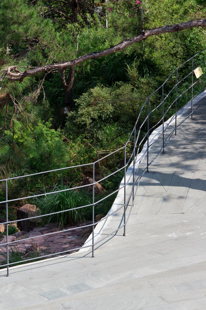 Curving concrete walkway with steel cable railing descending through dense green foliage and a fallen tree