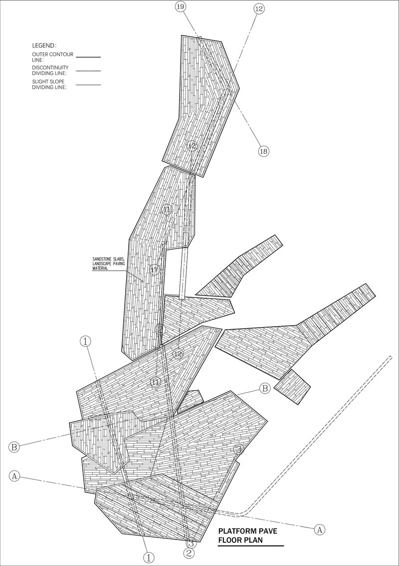 Floor plan drawing of the platform showing angled paved surfaces with hatched textures
