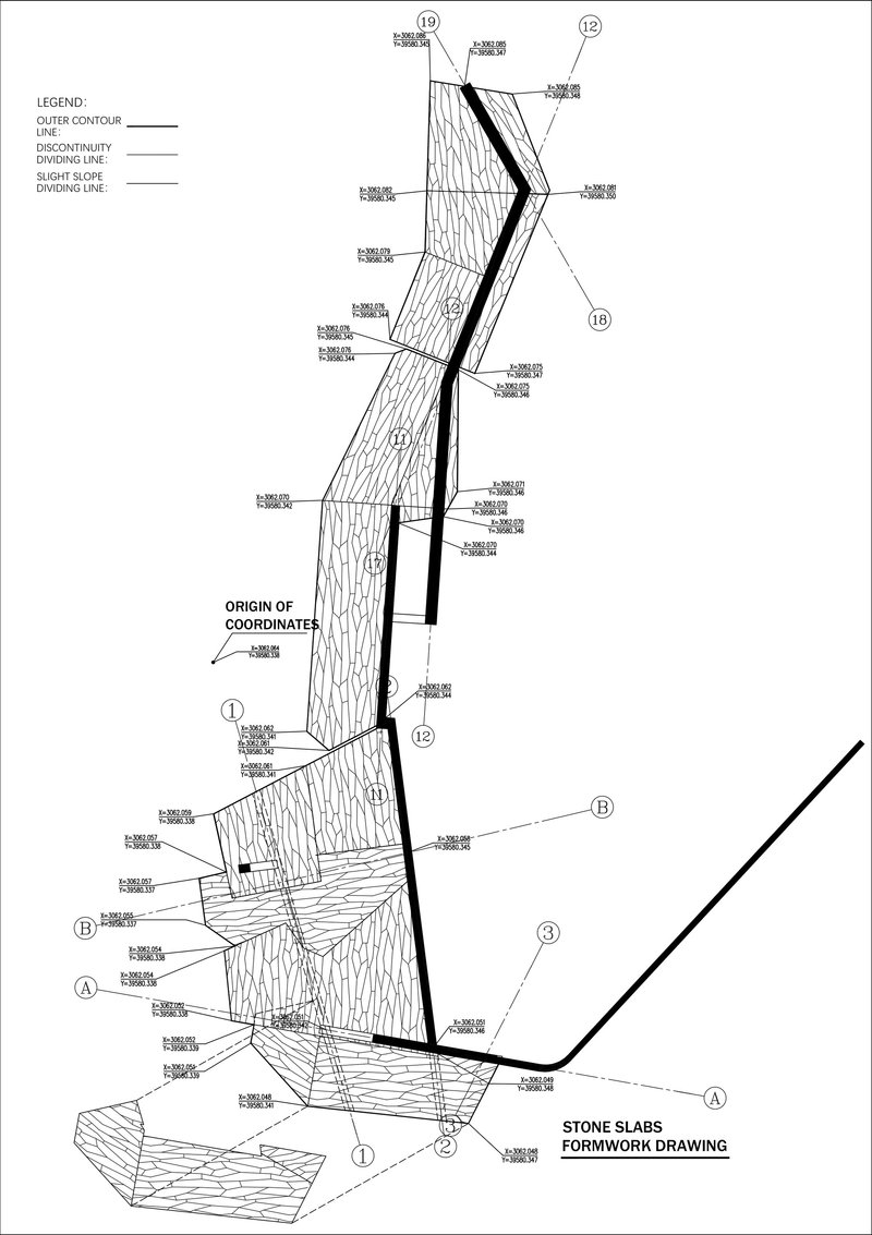 Formwork drawing showing the angular stone slab geometry with contour lines and labeled construction coordinates