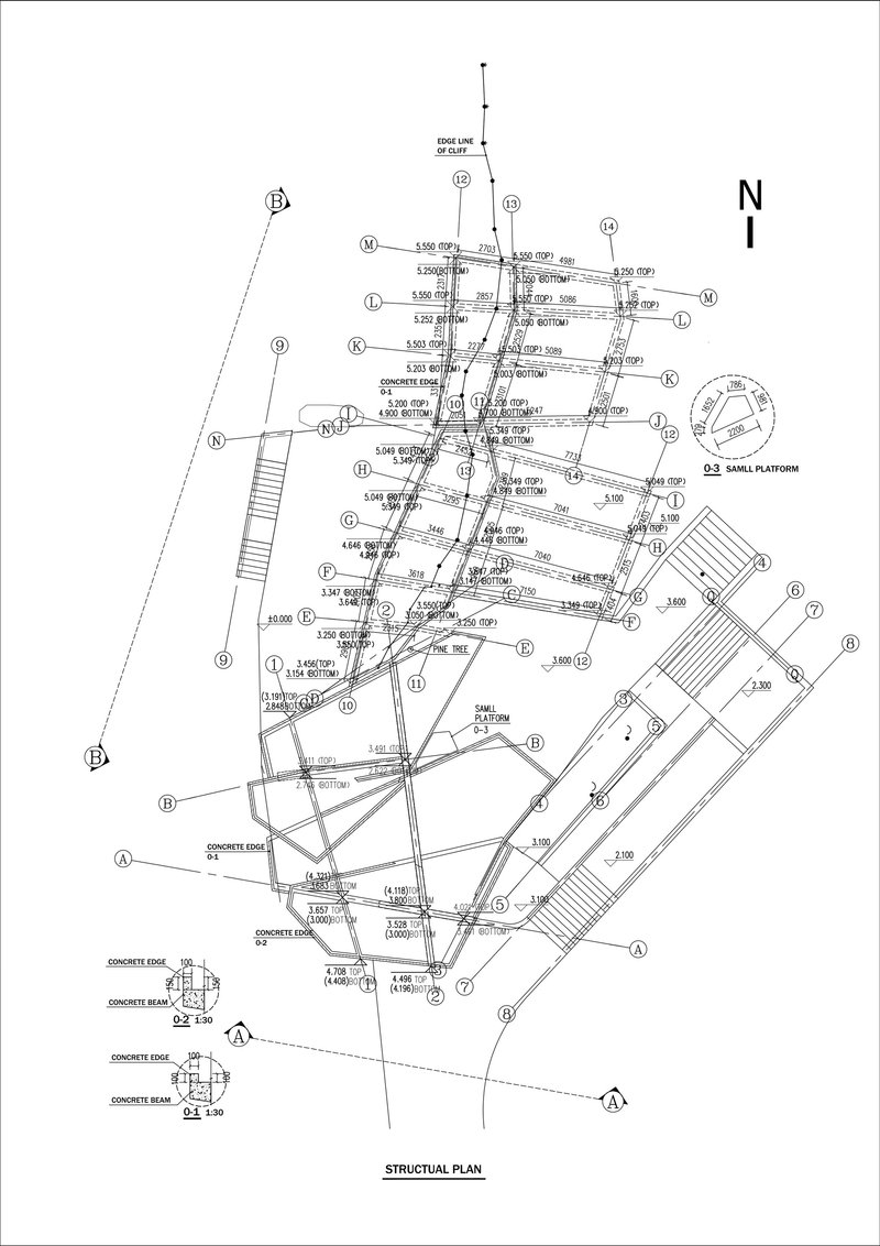 Structural plan drawing indicating concrete beams and column positions with dimensional annotations and north arrow