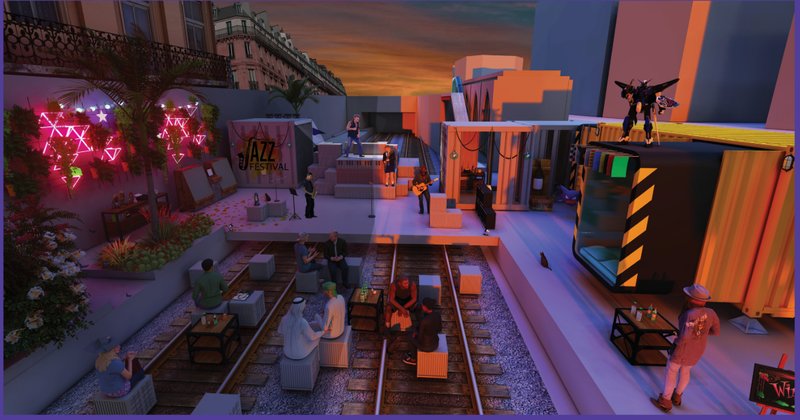 Adaptive reuse of railway tracks into a vibrant social spine with seating, performance, and container-based interventions.