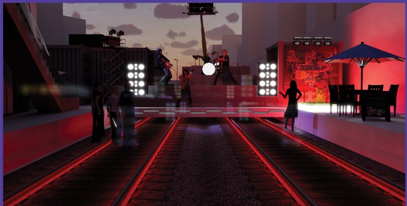 Illuminated rails transform into a dynamic stage, activating nightlife through music, light, and urban interaction.