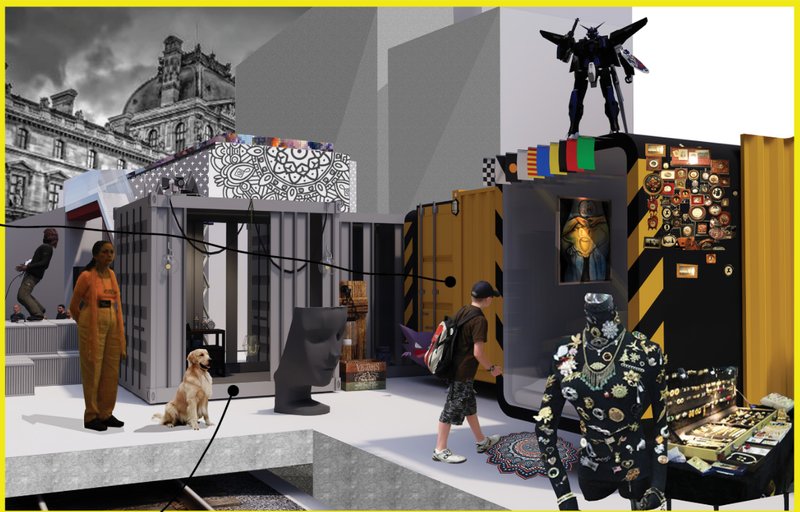 Repurposed shipping containers host galleries, retail, and installations, enabling flexible public programming.