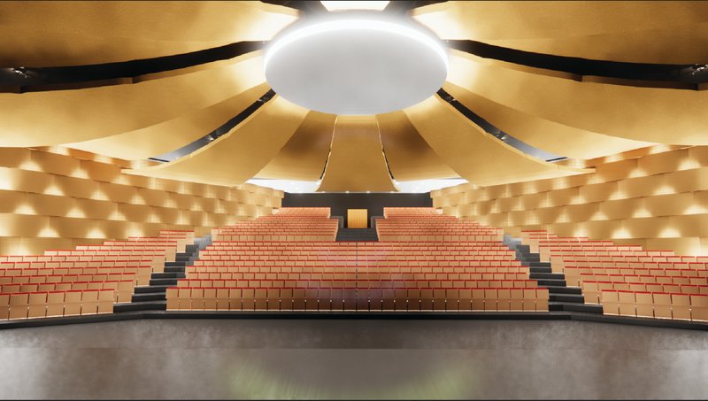 Sunlit interior showcasing immersive seating and acoustic ceiling design