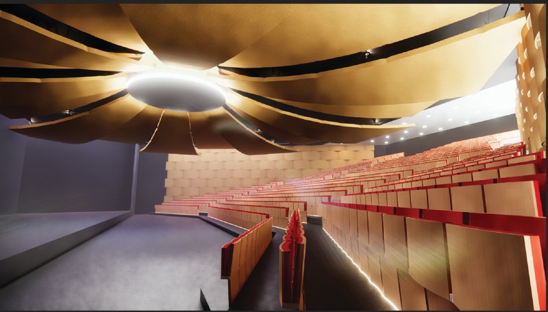 Dynamic interior perspective highlighting spatial flow and material warmth