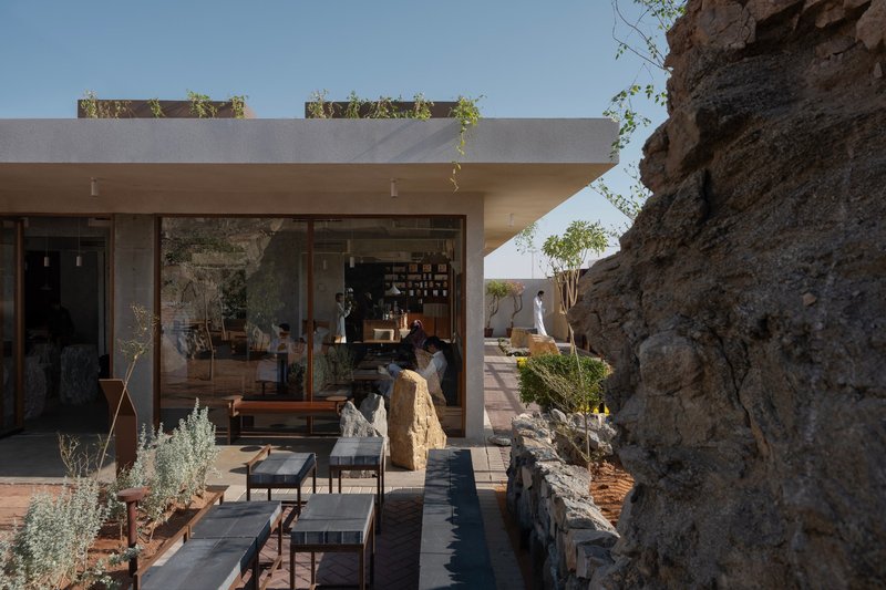 Covered patio nestled against a natural rock outcrop with planted roof edges and dark timber loungers in afternoon light