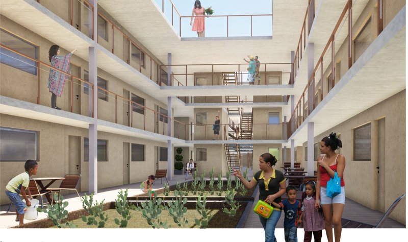Shared courtyard activates daily life through farming, interaction, and community building within refugee housing.