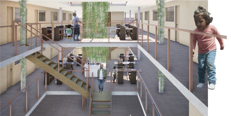 Vertical circulation and open platforms foster visibility, connectivity, and social integration across levels.