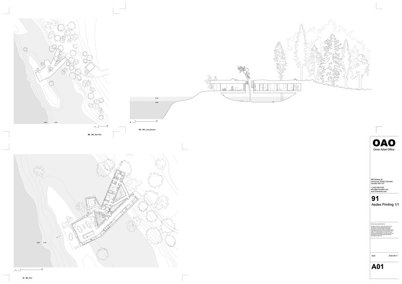 Site plan and section drawing showing the residence positioned on a sloping wooded hillside