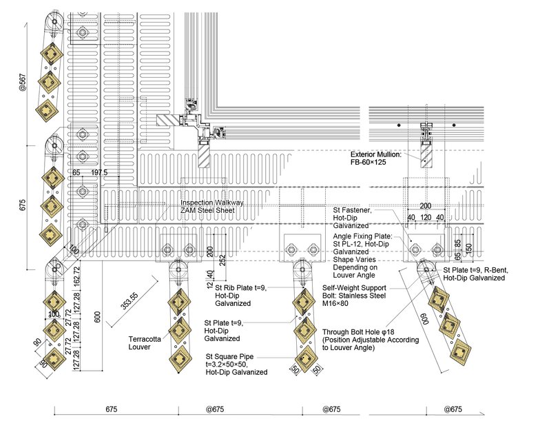 Plan detail drawing of exterior mullion connection with terracotta louver, steel plates, and hot-dip galvanized fasteners