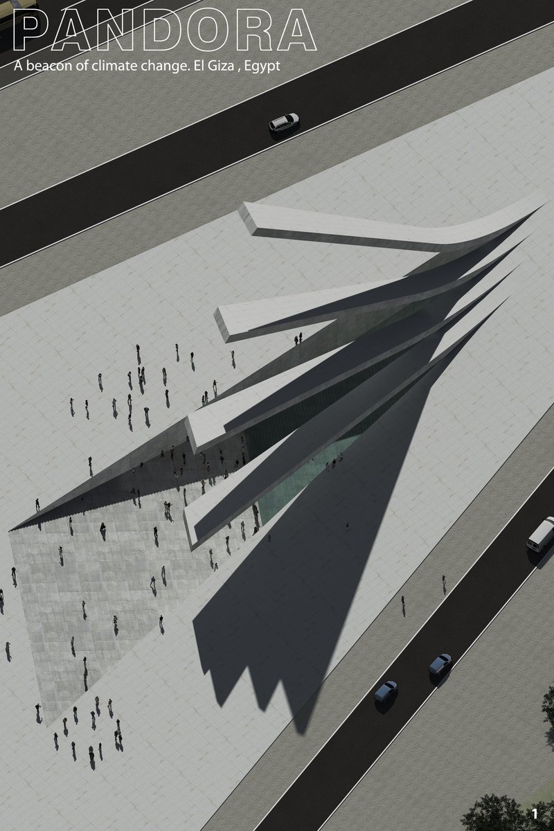 A monumental rupture in the ground plane, where fractured concrete forms rise as a spatial metaphor for climate disruption.