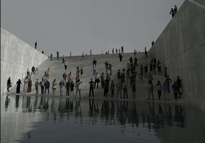 Descending into the submerged void, visitors engage directly with water as an experiential layer of climate-responsive architecture.