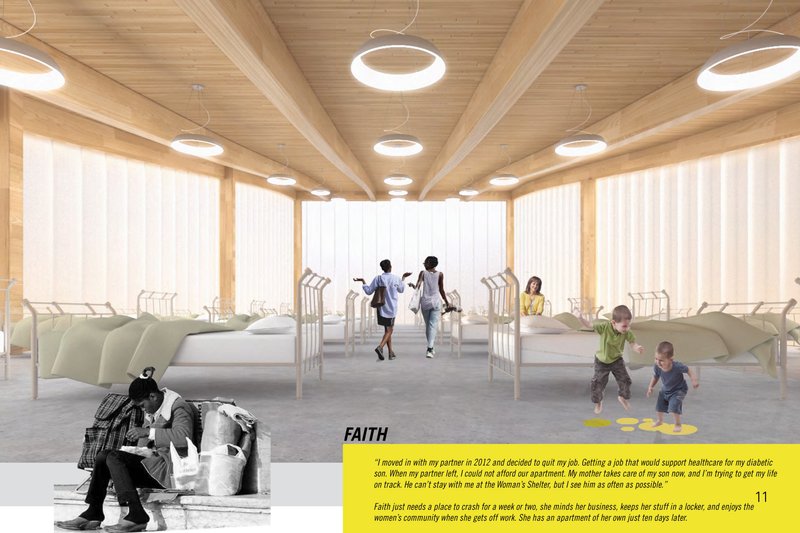 Emergency shelter hall, designed with warm materials and natural light to create a dignified and humane sleeping environment for residents.