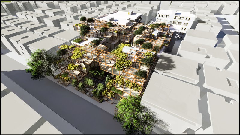 Modular rooftop framework activates sustainable urban regeneration across Zamalka’s existing post-war fabric.