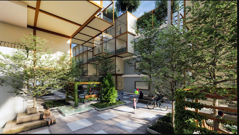 Courtyard design fosters community interaction through layered public spaces and integrated landscape elements.