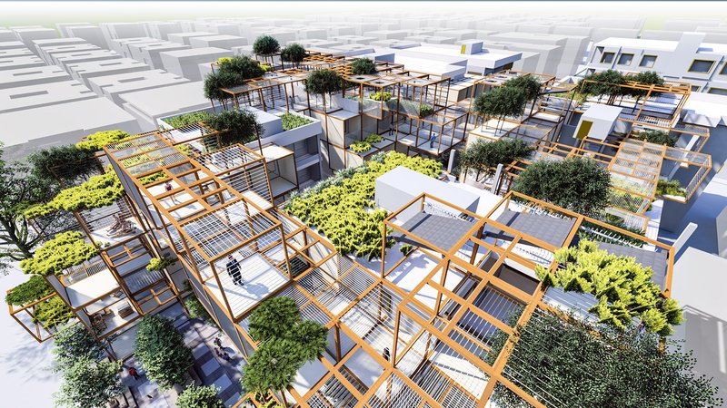 Elevated social rooftops redefine collective living with green terraces and adaptable structural grids.