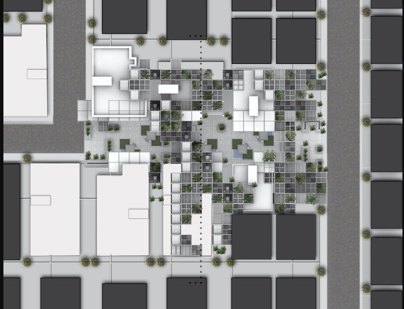 Site plan illustrates a dense network of public spaces, pathways, and regenerated residential clusters.