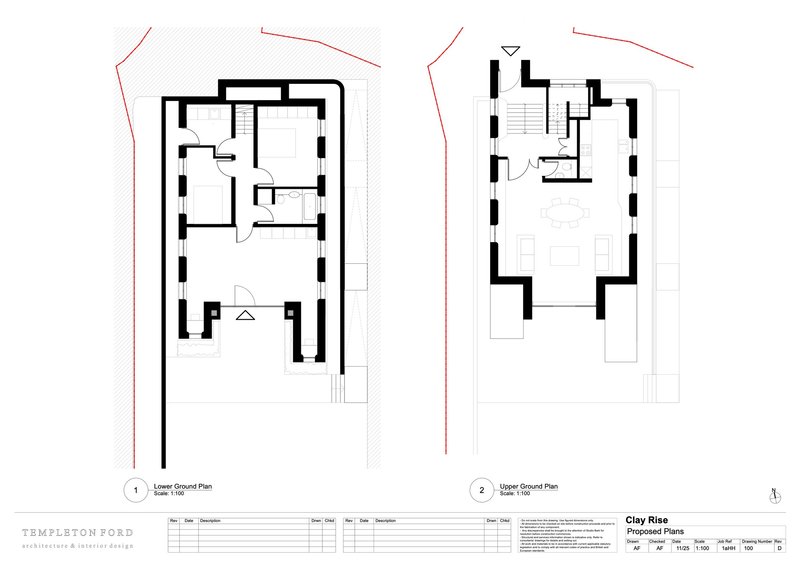 Floor plan drawings showing lower and upper ground levels with room layouts and circulation